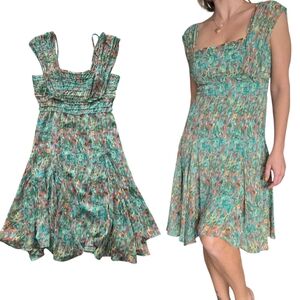 Watercolor Floral Smocked Asymmetrical Dress XS Green Boho Cottagecore Fairycore